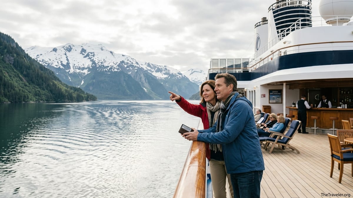 Couple on Holland America cruise deck overlooking Alaskan fjord with credit card in hand.