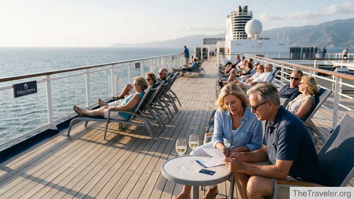 Frequent cruisers relaxing on a Holland America ship deck at sunset overlooking the sea.