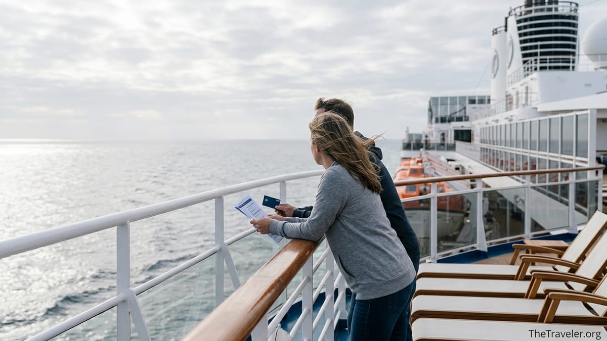 Couple on a Holland America cruise deck holding a Visa card and looking out to sea.