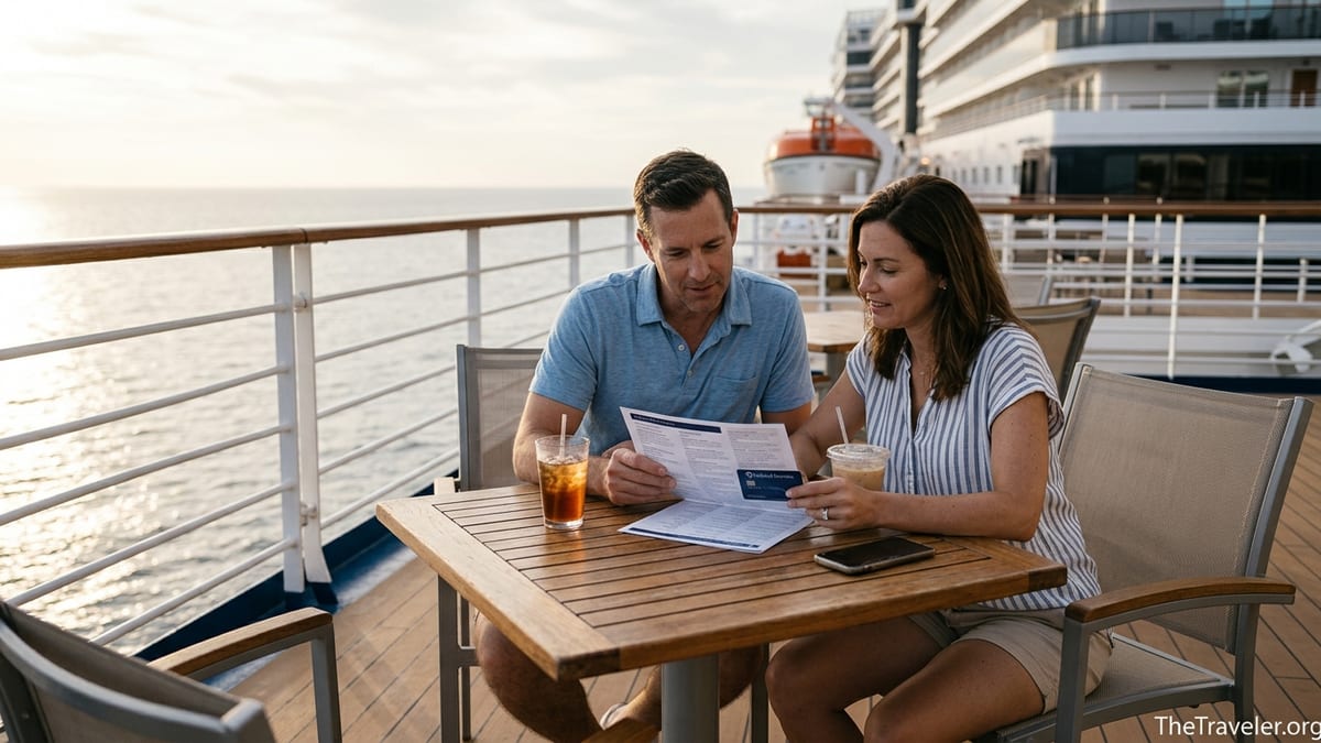 Couple on a Holland America cruise deck reviewing a credit card and itinerary at sunset.
