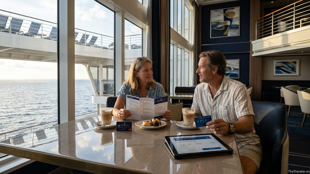 Two cruise travelers compare Holland America and Princess credit cards in a ship lounge overlooking the sea.