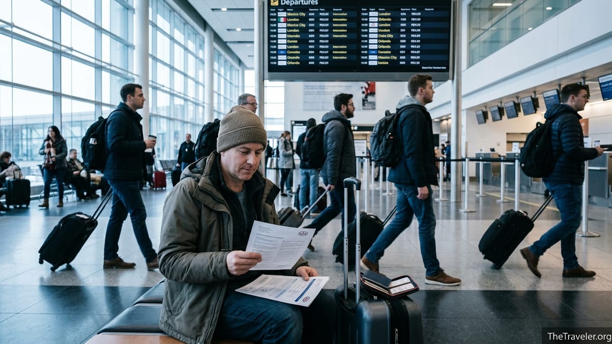 Traveler at a Canadian airport reviewing travel insurance papers before an international flight.