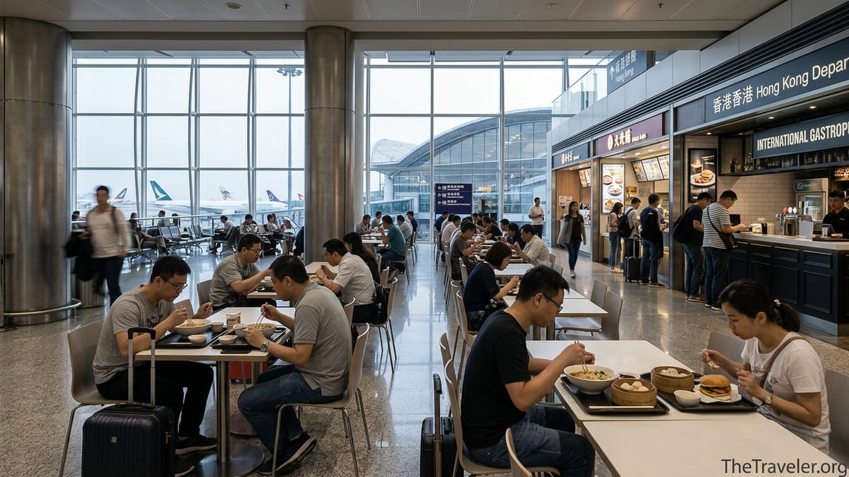Busy food court at Hong Kong International Airport with travelers dining before their flights.