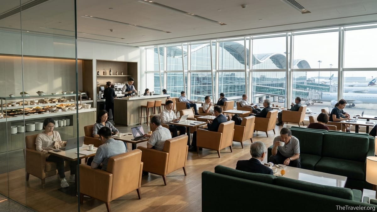 Travelers relaxing in a premium lounge at Hong Kong International Airport with aircraft visible outside large windows.