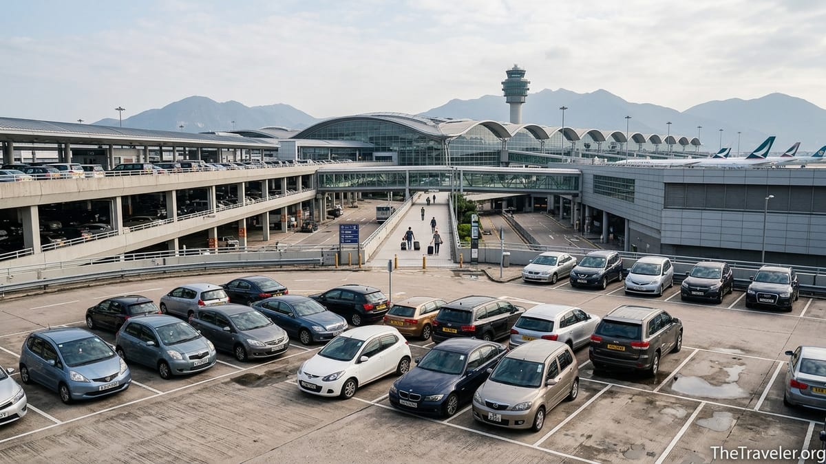 View of Hong Kong International Airport car park with cars and Terminal 1 in the background.