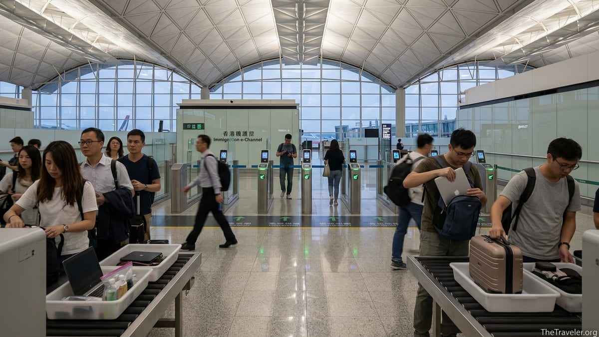 Travelers passing through security and e-Channel immigration at Hong Kong International Airport.