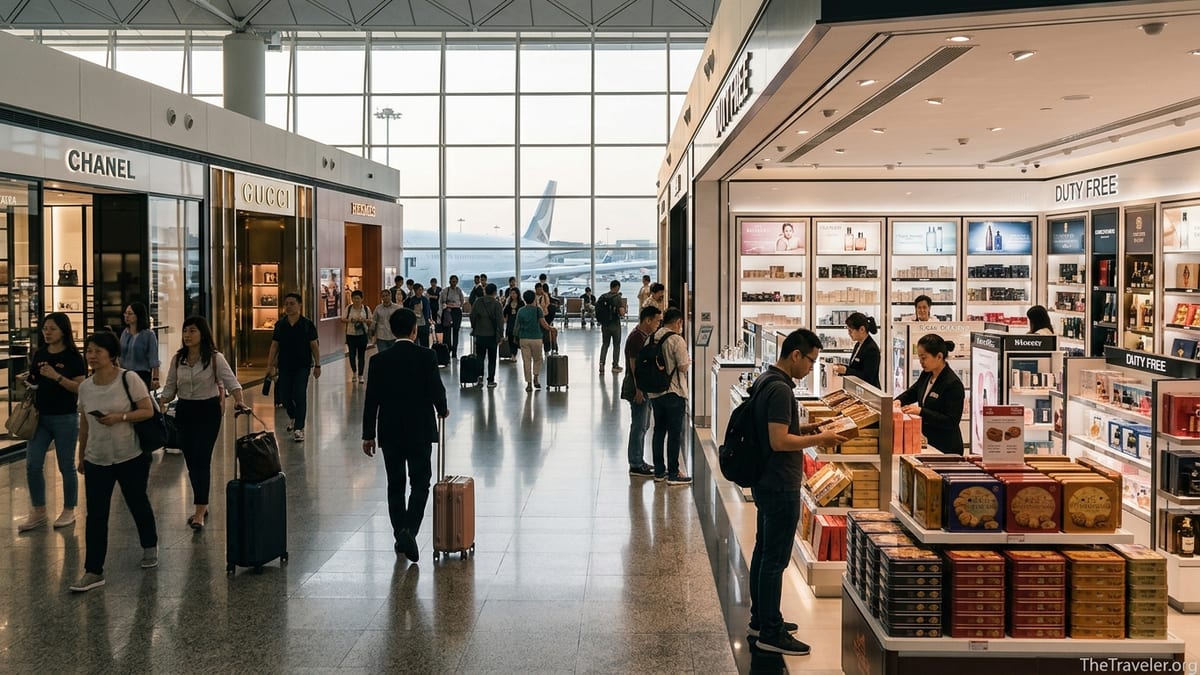 Travelers shopping at luxury and duty-free stores in Hong Kong International Airport’s Terminal 1 concourse.