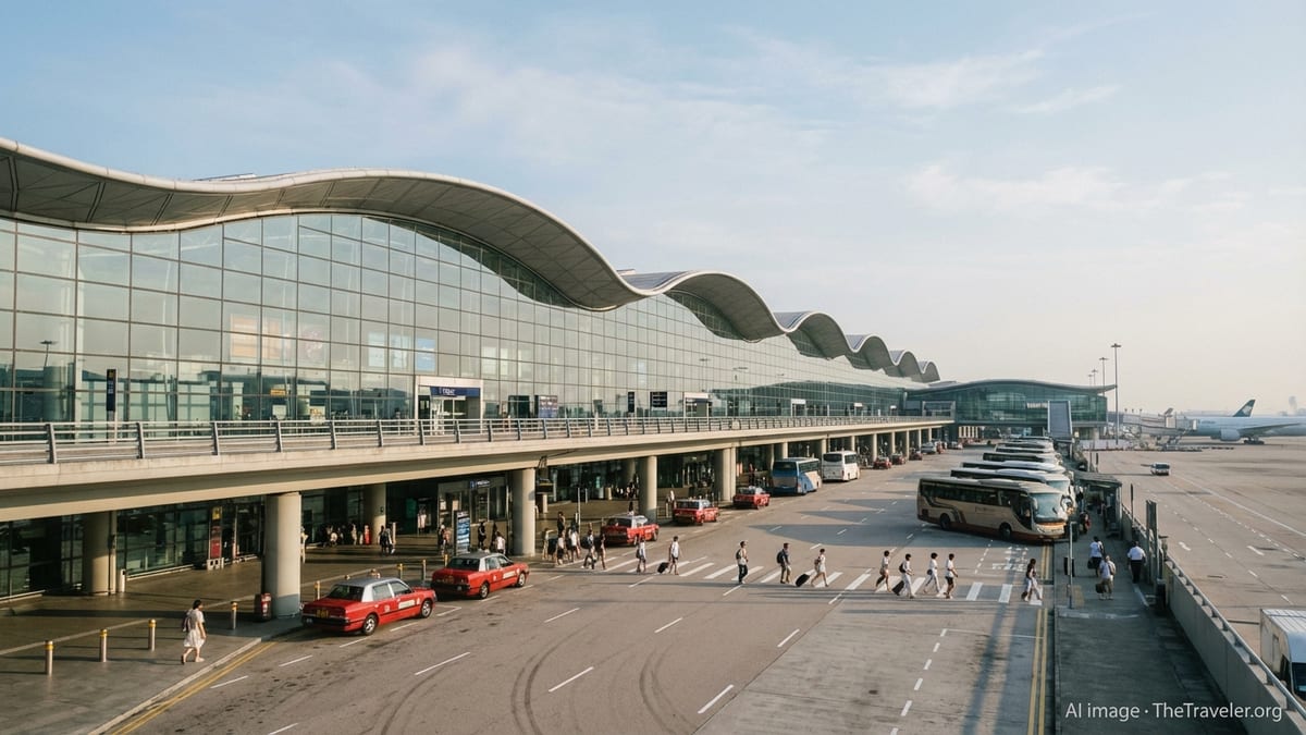 Morning scene outside Hong Kong International Airport’s expanded Terminal 2 with glass facade, vehicles and travellers.