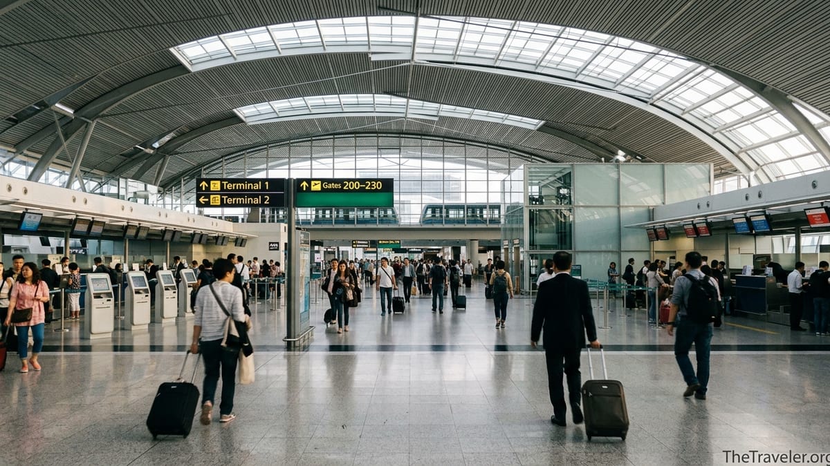Interior of Hong Kong International Airport with signs for terminals and passengers walking to gates