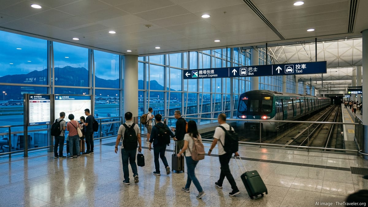 Travelers choose between Airport Express, bus and taxi at Hong Kong International Airport concourse.