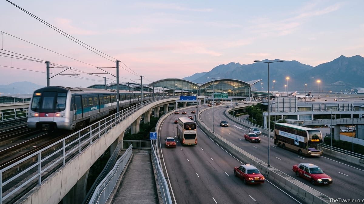Airport Express train, buses and taxis approaching Hong Kong International Airport at dawn.