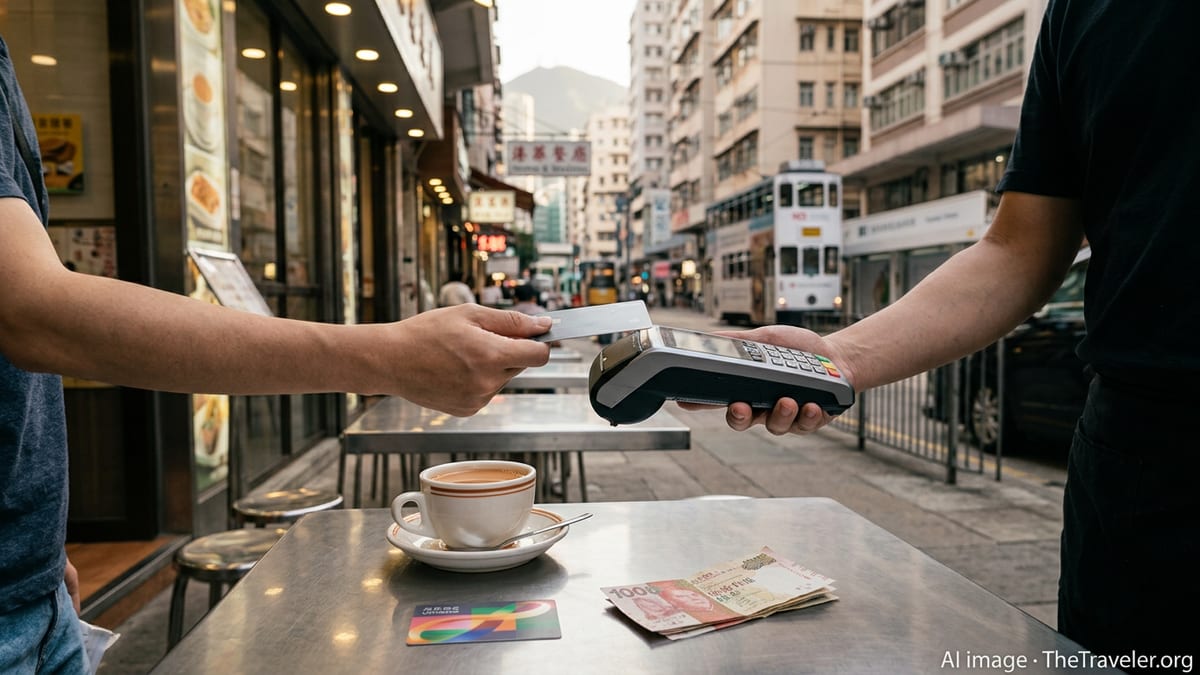 Traveler tapping a credit card at a Hong Kong café with Octopus card and cash on the table.