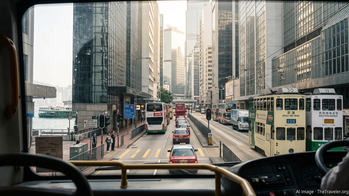 View from a Hong Kong double decker bus showing trams, traffic and harbour skyline.