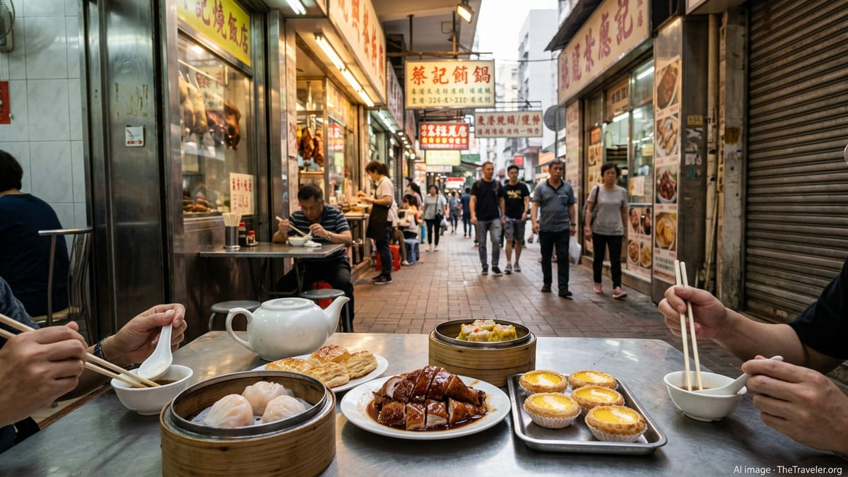 Table in a Hong Kong eatery with dim sum baskets, egg tarts and roast goose.