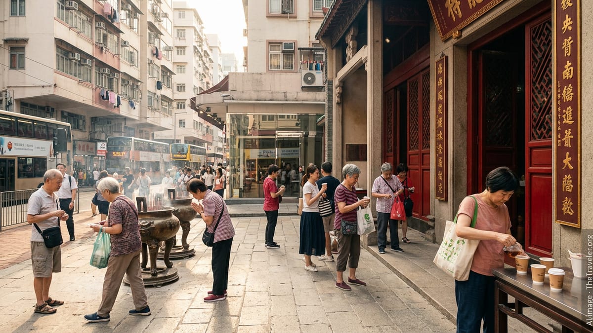 People pass incense burners outside a Hong Kong temple on a sunny afternoon.