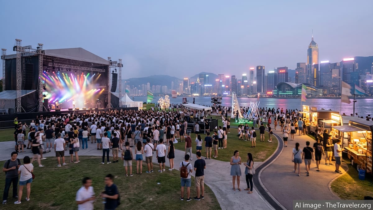 Crowds enjoy an outdoor concert festival on Hong Kong’s Central Harbourfront at dusk with the skyline lit up behind.