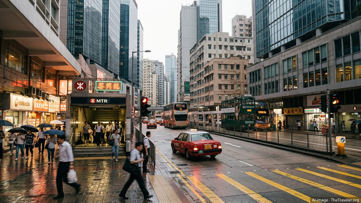 Busy Hong Kong street with MTR entrance, tram, bus and taxi at dusk.
