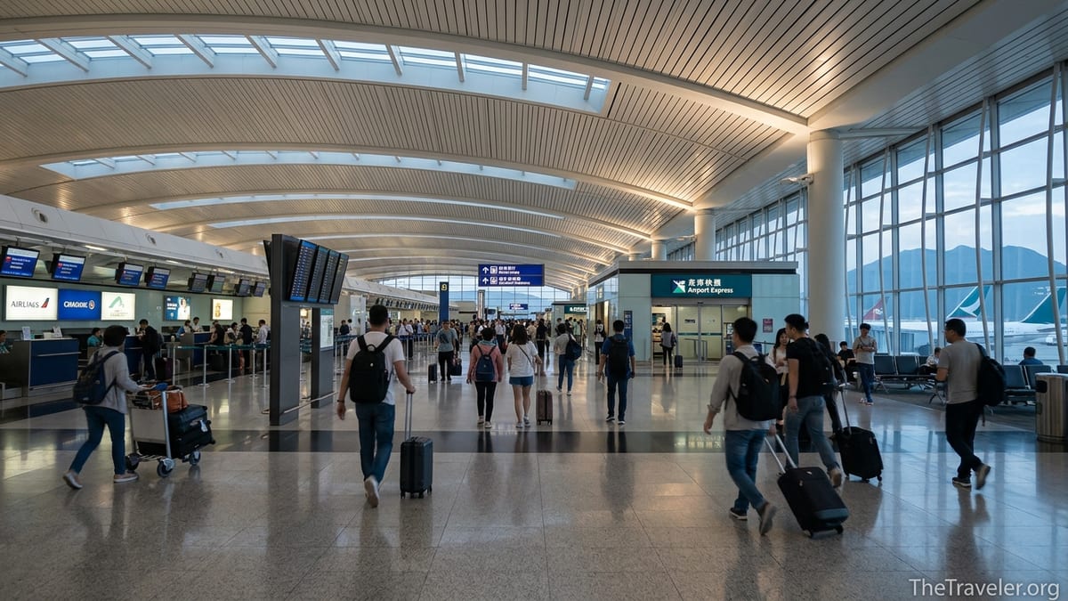 Travelers walking through Hong Kong International Airport departure hall near check-in and Airport Express signs.