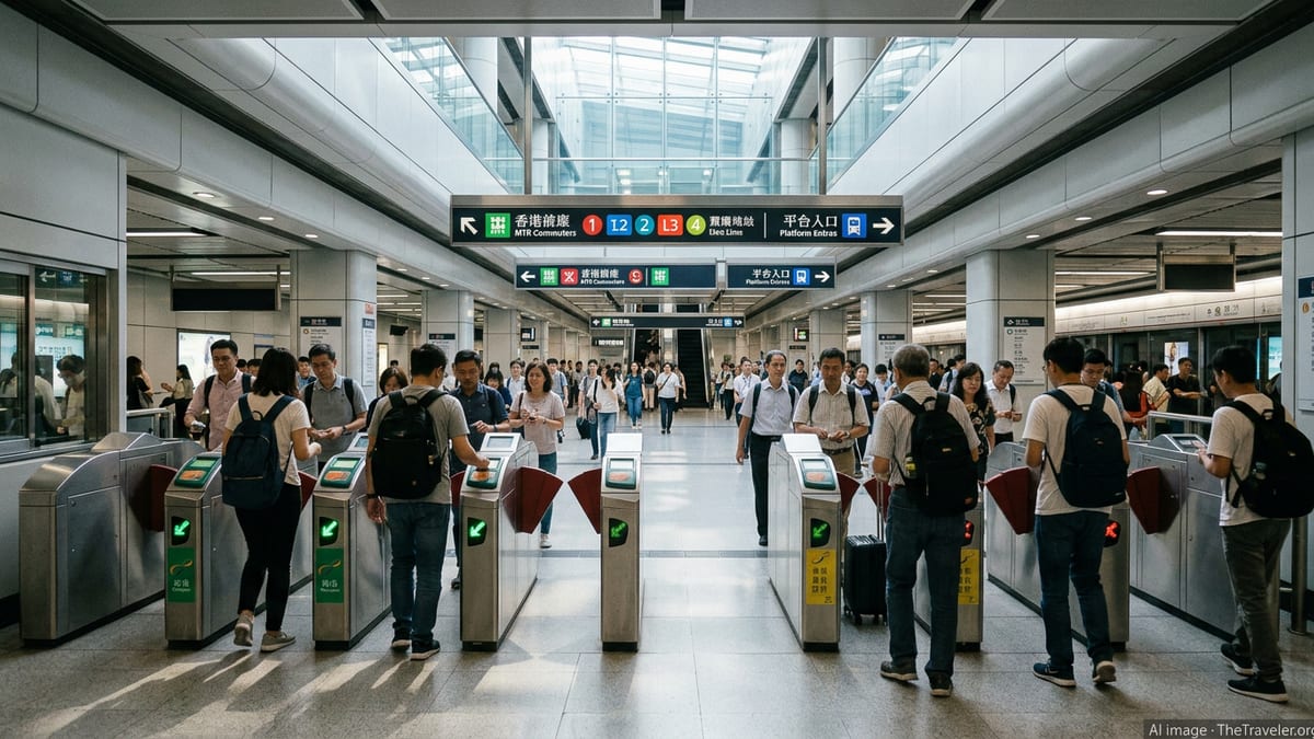 Commuters tapping Octopus cards at Hong Kong MTR gates under bright station signage.