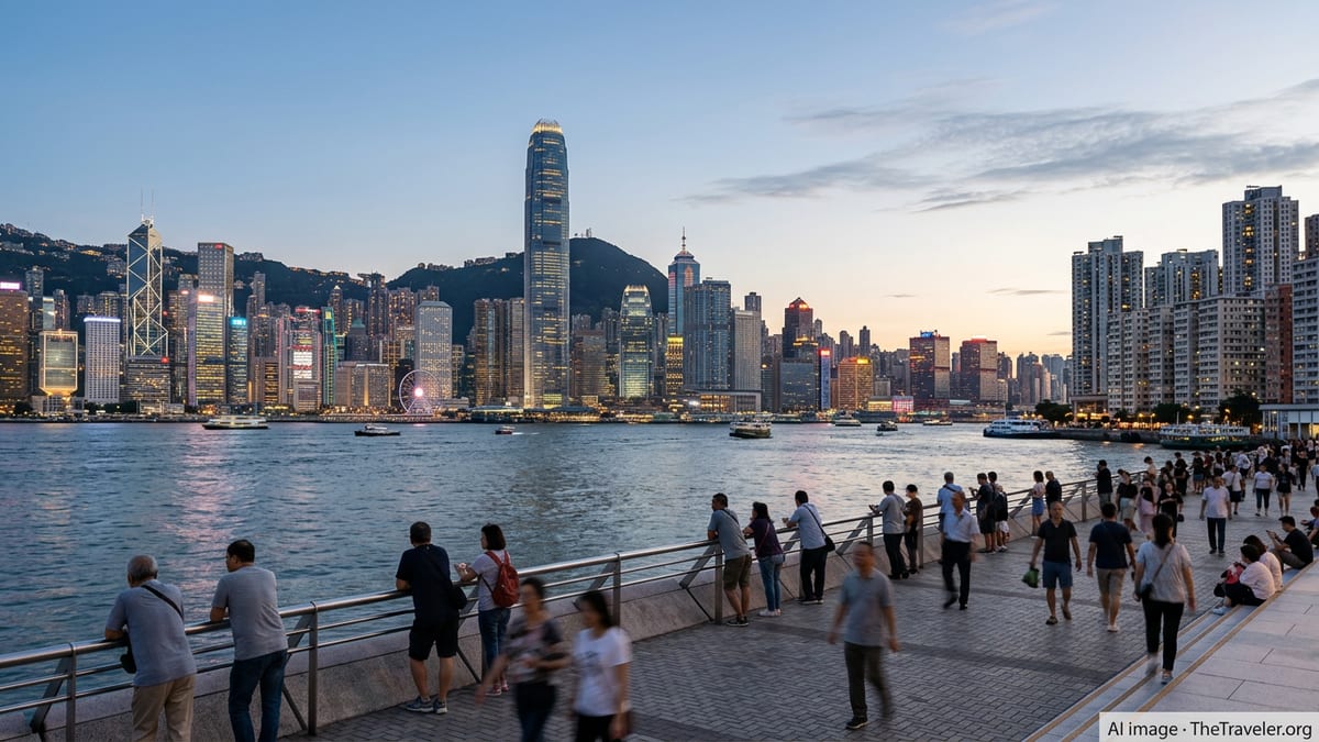 Evening view of Hong Kong’s Central skyline and Kowloon across Victoria Harbour from a busy waterfront promenade.