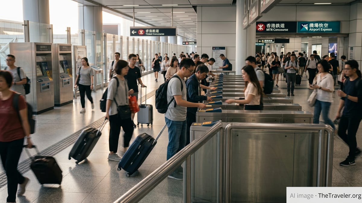 Travelers tapping Octopus cards at busy Hong Kong MTR and Airport Express gates.