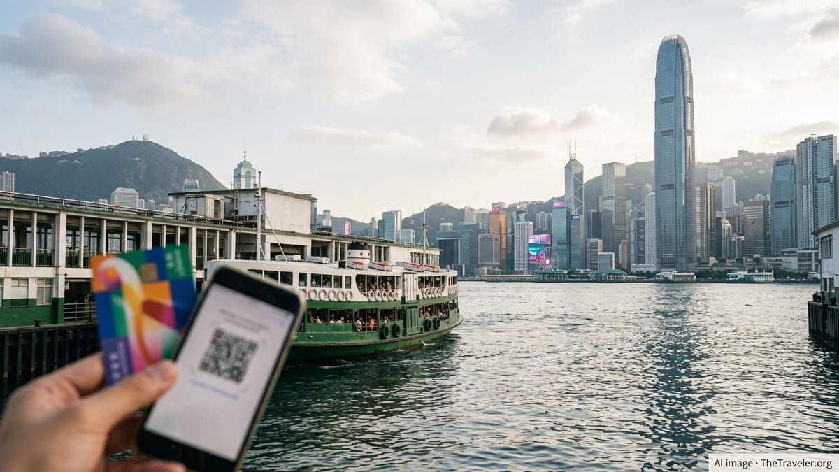 Hong Kong’s Victoria Harbour with Star Ferry, skyline and a visitor holding transit pass and phone.