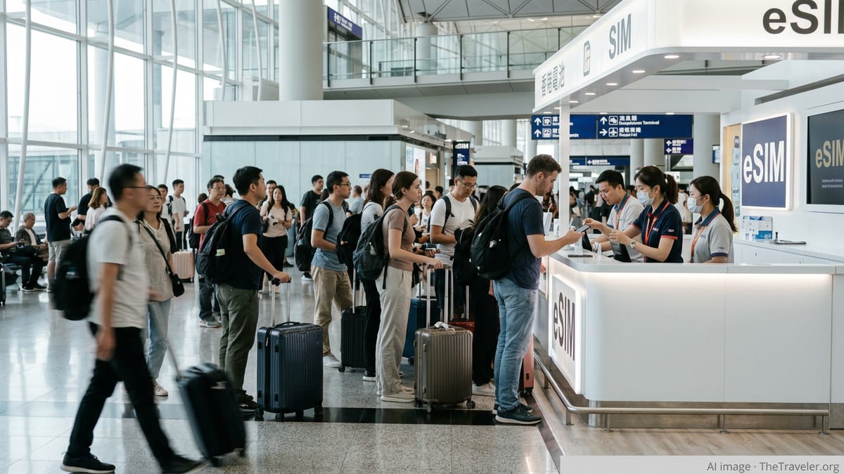 Travelers buying Hong Kong SIM and eSIM plans at an airport mobile counter.