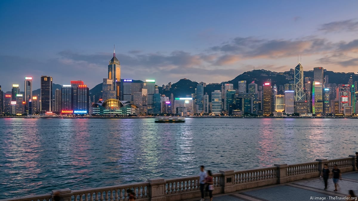 Evening view of Hong Kong Island skyline across Victoria Harbour from Tsim Sha Tsui promenade.
