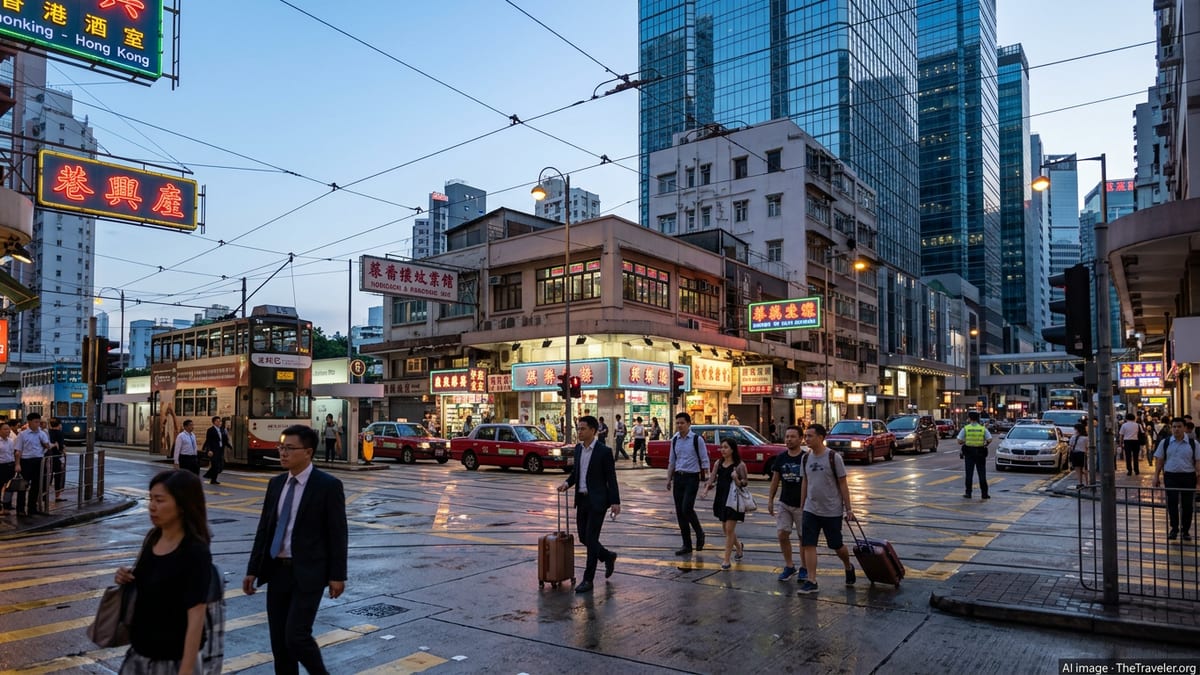 Evening street in Central Hong Kong with trams, taxis and pedestrians under neon lights.