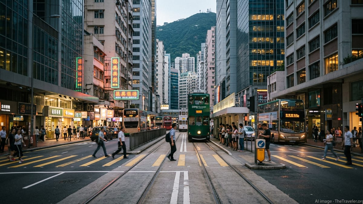 Early evening Hong Kong street with tram, neon signs and tall towers under Victoria Peak.