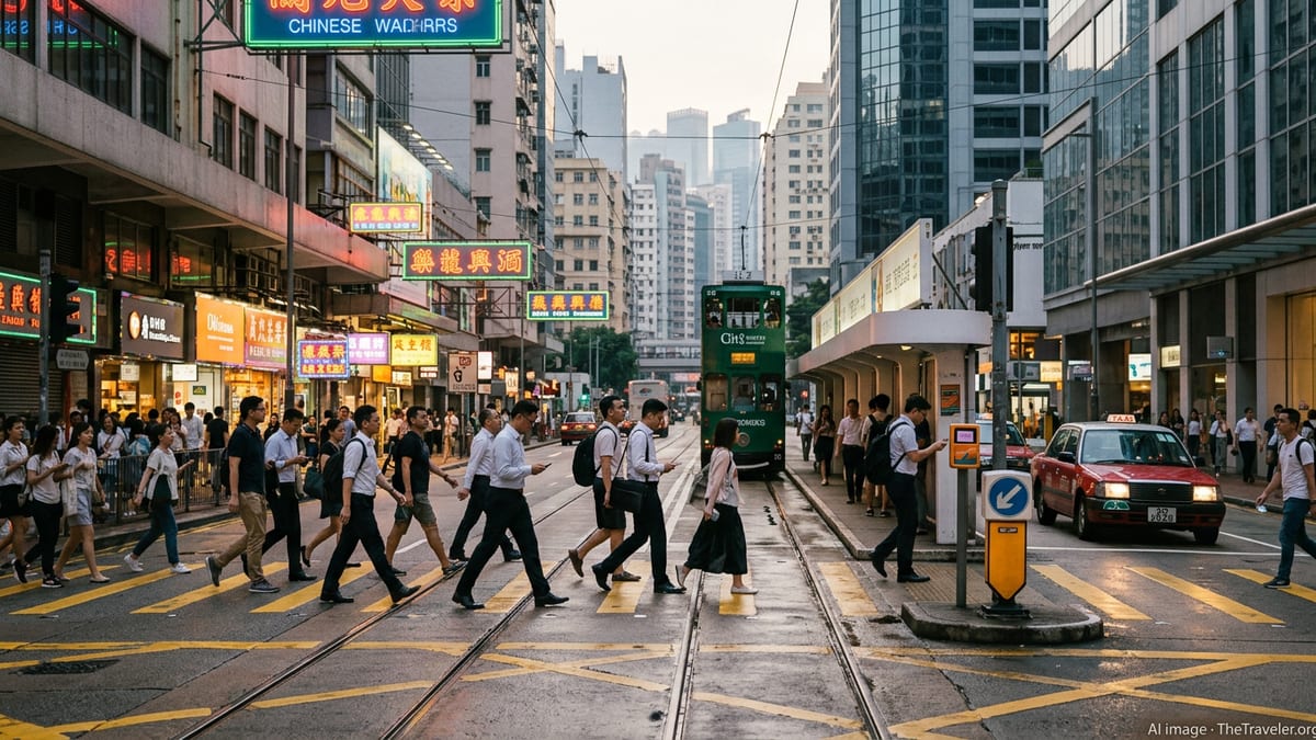 Busy Hong Kong street with tram, taxi and pedestrians crossing under neon signs at dusk.