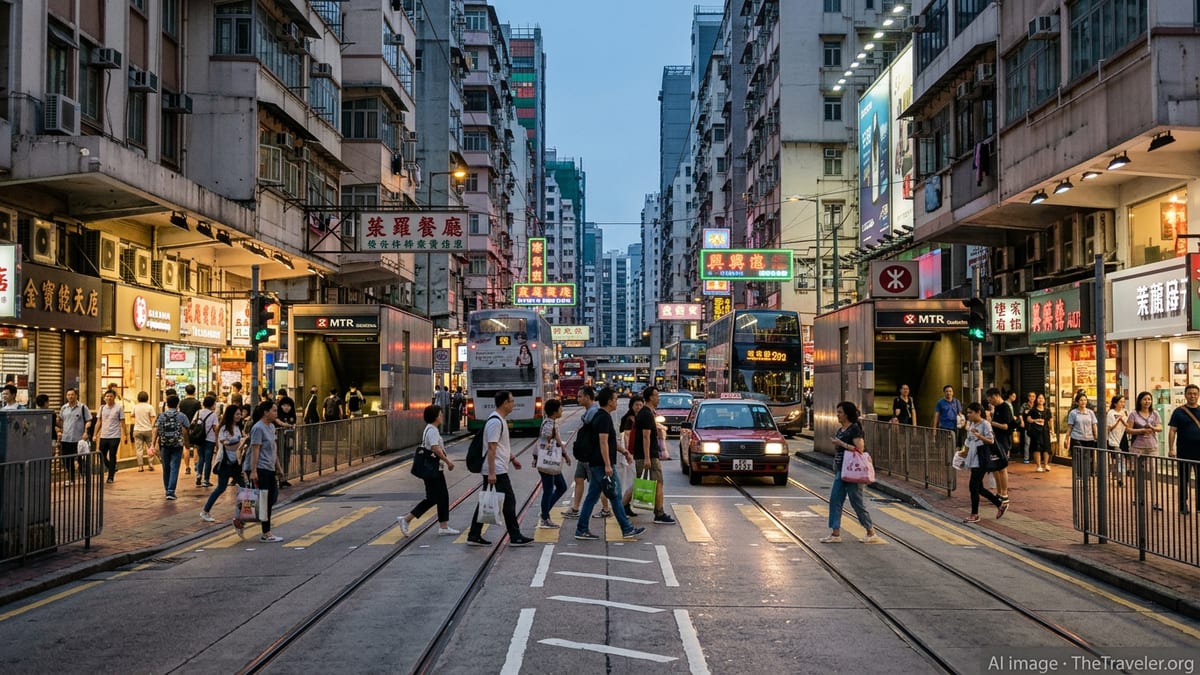Busy evening street scene in Mong Kok, Hong Kong with taxis, buses and crowds under glowing neon signs.