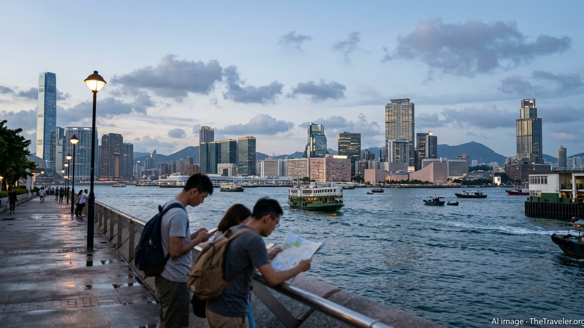 Travelers at Hong Kong Island waterfront overlooking Victoria Harbour and Kowloon skyline at blue hour.