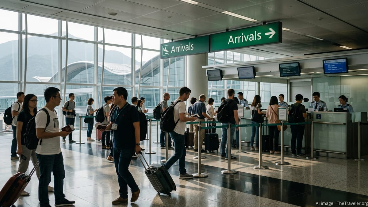 Travelers queue at Hong Kong International Airport immigration counters in bright daylight.