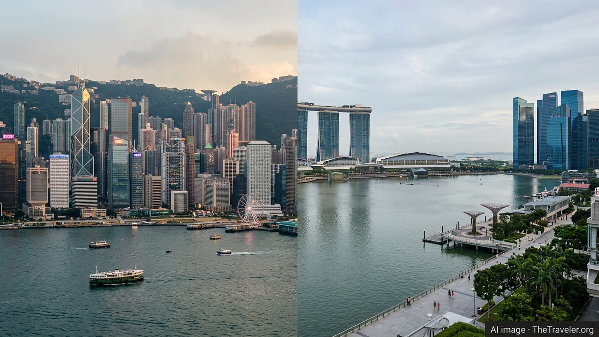 Split wide view comparing Hong Kong’s harbour skyline with Singapore’s Marina Bay at blue hour.