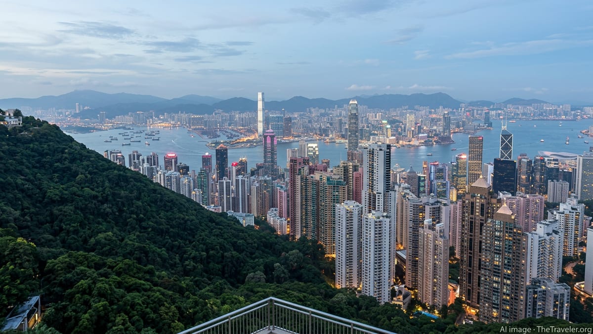 View from Victoria Peak at dusk overlooking Hong Kong skyline and Victoria Harbour.