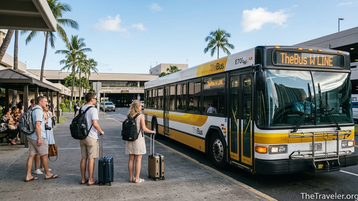 Travelers with small carry-on bags boarding a Honolulu TheBus at the airport curb.