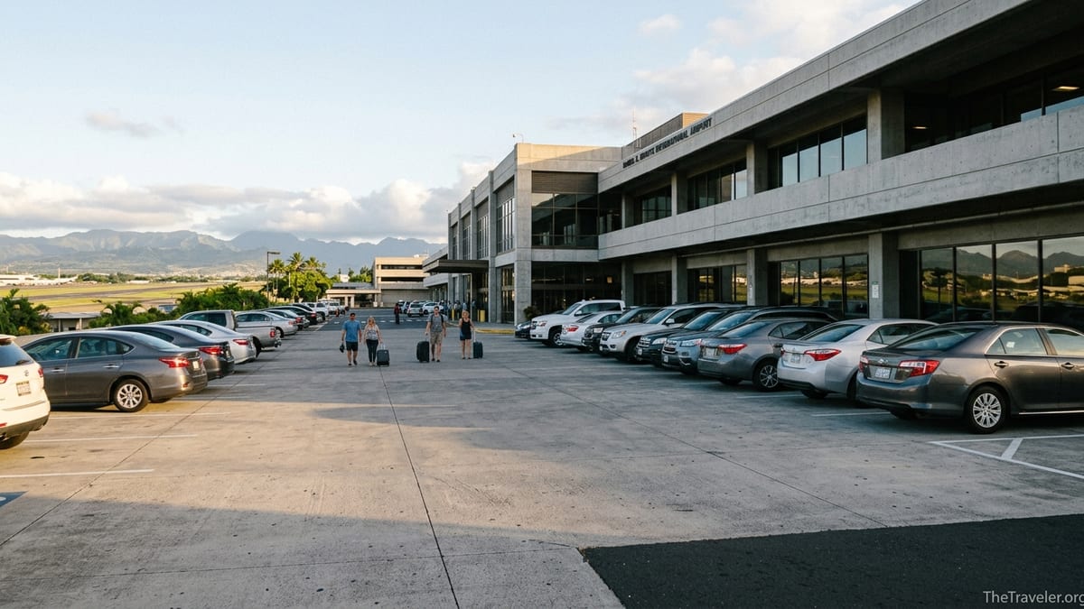 Travelers walking toward rental cars outside Honolulu airport’s rental car center at sunrise.