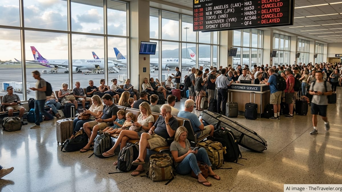 Stranded passengers waiting with luggage in a crowded Honolulu airport departure hall during widespread flight delays.