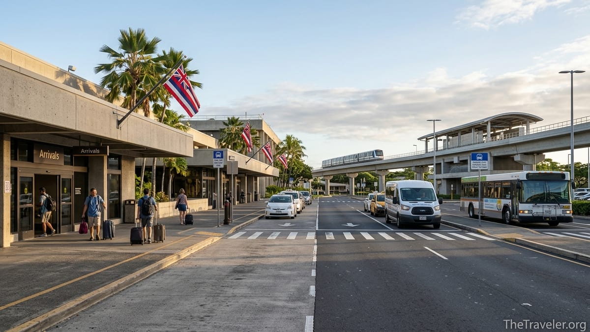 Travelers outside Honolulu’s Daniel K. Inouye International Airport curb with taxis, shuttle and city bus at sunrise.