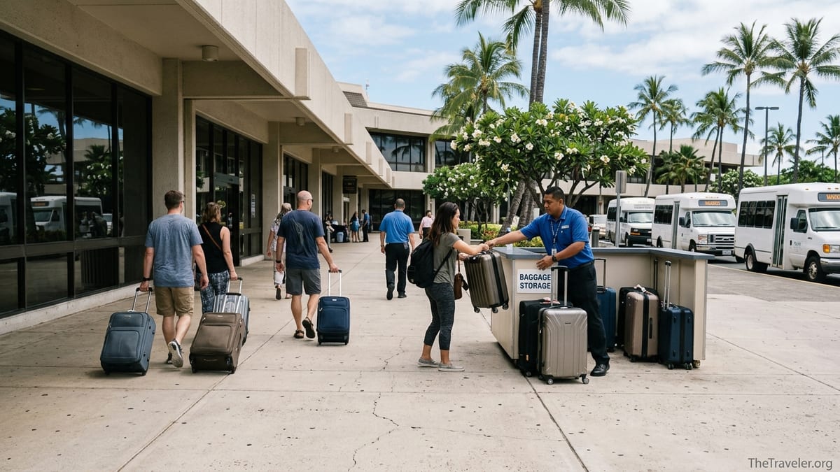 Travelers storing suitcases with a luggage service outside Honolulu airport terminal.