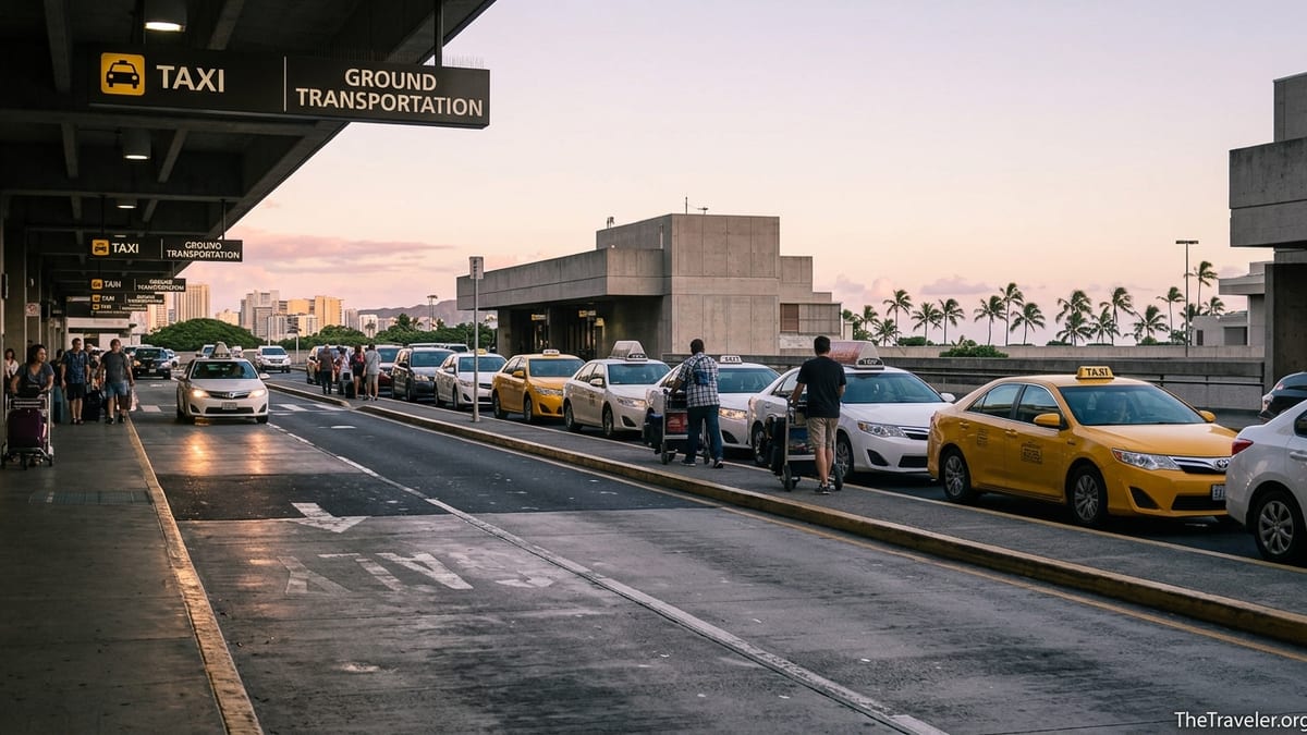 Taxi line outside Honolulu Airport with travelers heading toward Waikiki taxis at sunset.