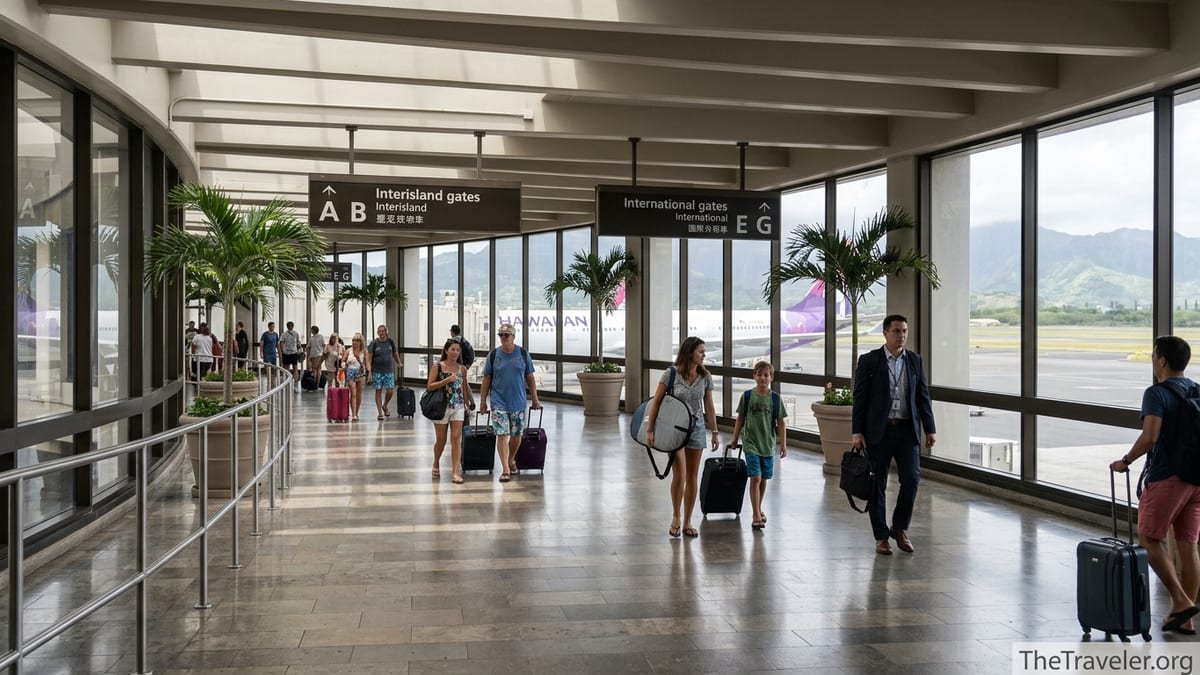 Interior view of Honolulu Airport corridor linking Terminals 1 and 2 with travelers and gate signs.