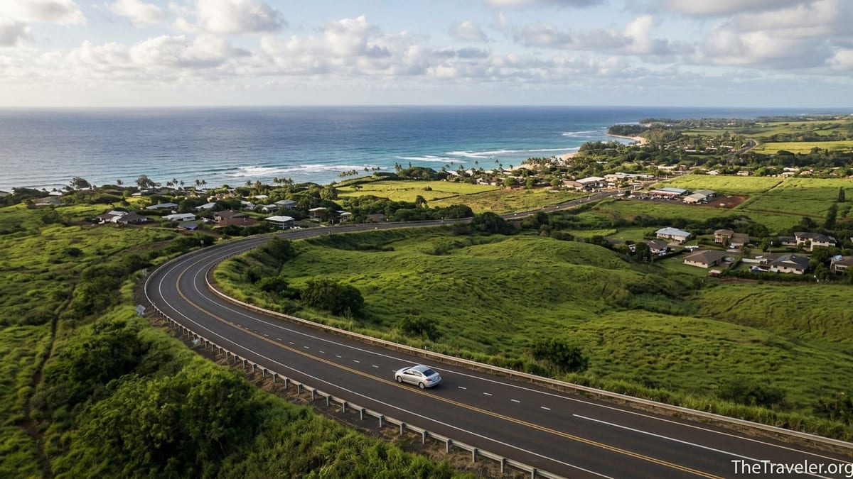 Aerial view of a car driving from Honolulu toward Oahu’s North Shore coastline in late afternoon light.