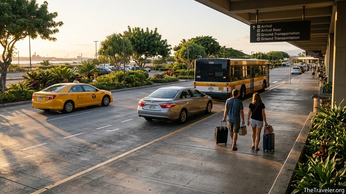 Travelers at Honolulu airport curb choosing transport options toward Pearl Harbor at sunset.