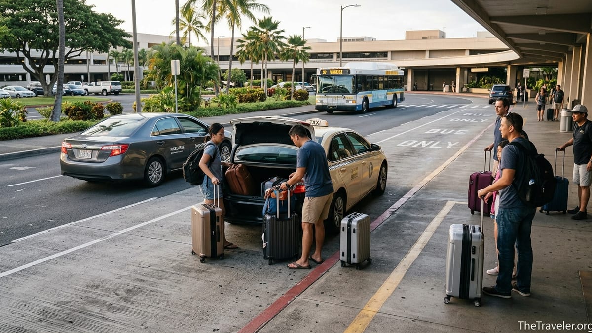 Travelers boarding taxis and a bus outside Honolulu airport heading to Waikiki.