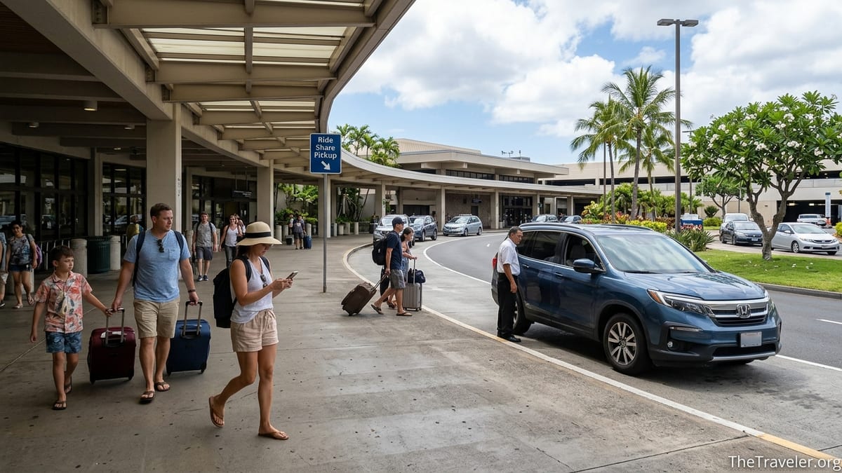 Travelers with luggage walking to the rideshare pickup area at Honolulu airport.