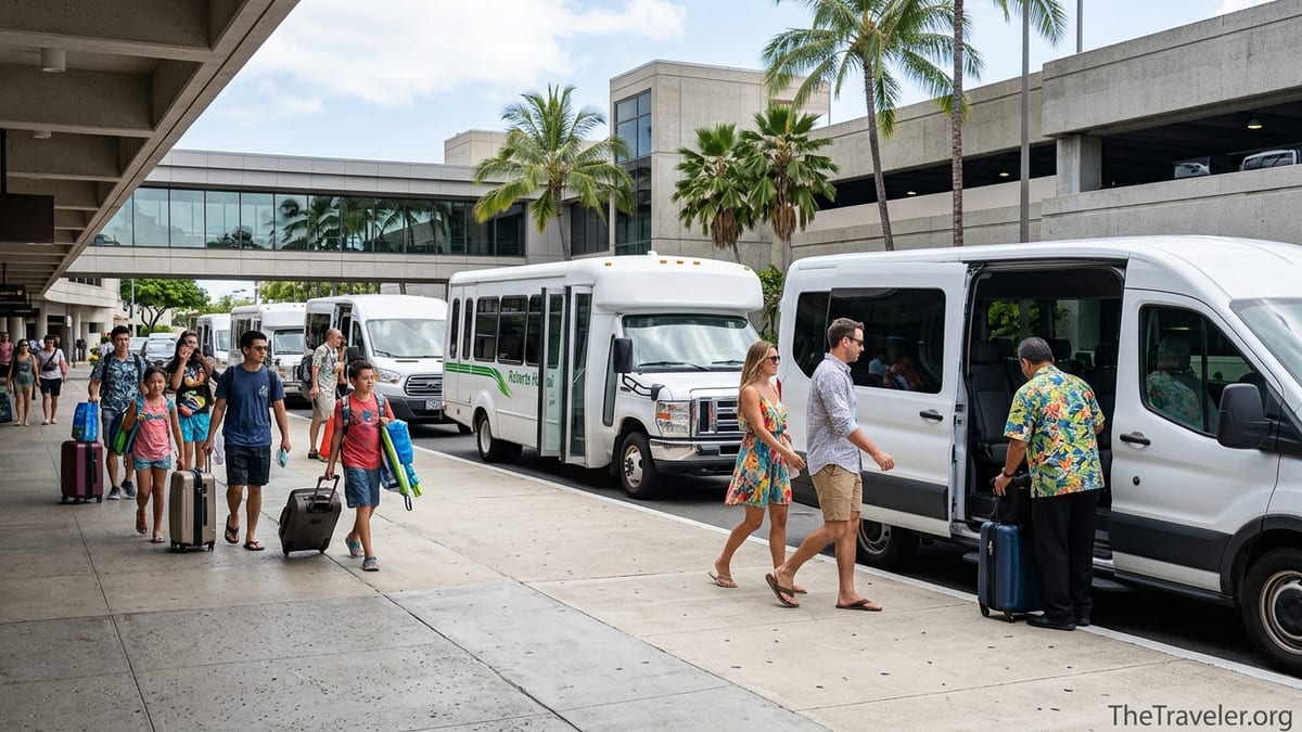 Travelers boarding shared shuttle vans from Honolulu airport curbside to Waikiki hotels.