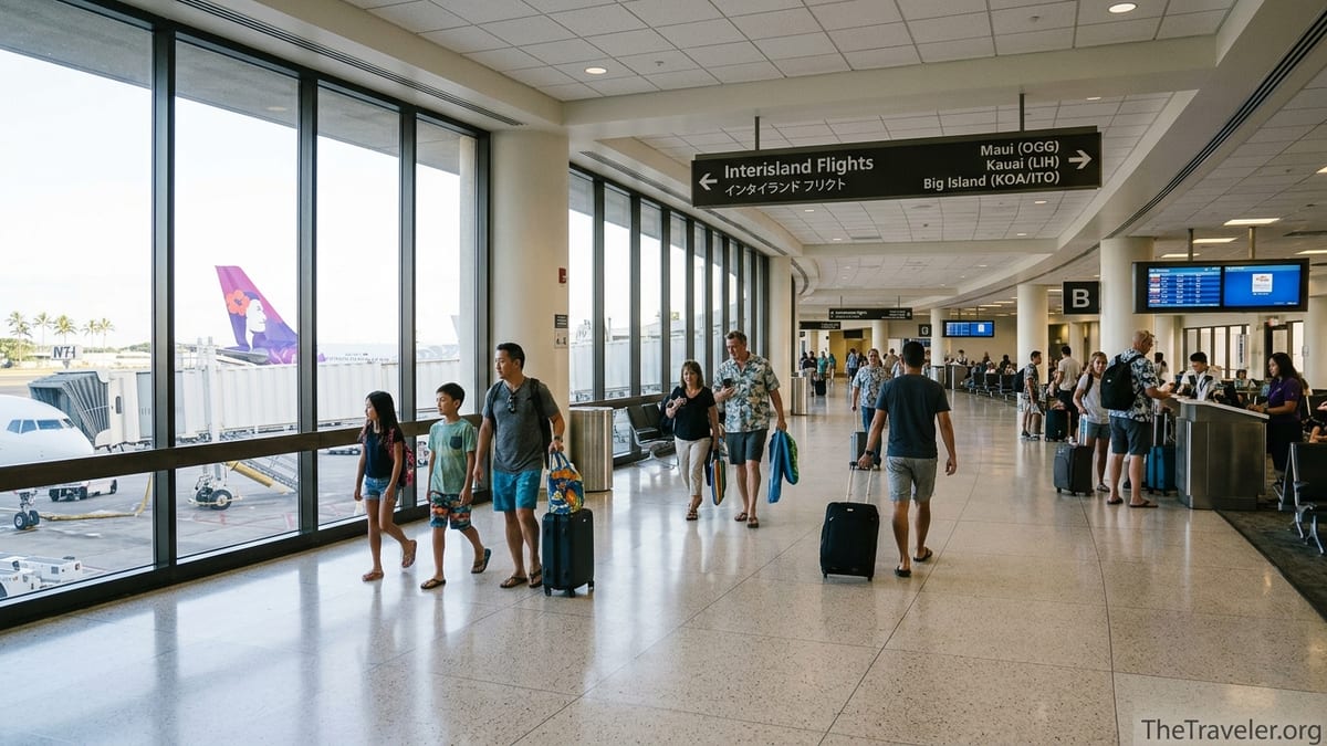 Travelers walking through Honolulu Airport’s interisland concourse toward Hawaiian Airlines gates.