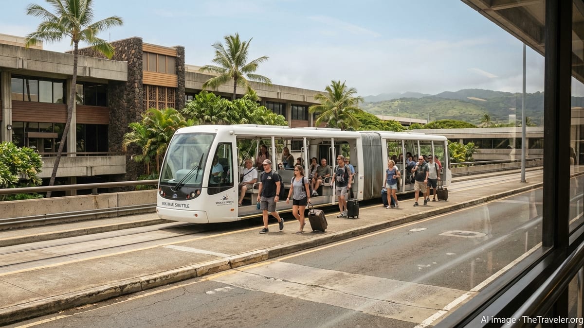 Electric tram of Honolulu’s Wiki Wiki Shuttle carries passengers between terminals at Daniel K. Inouye International Airport.